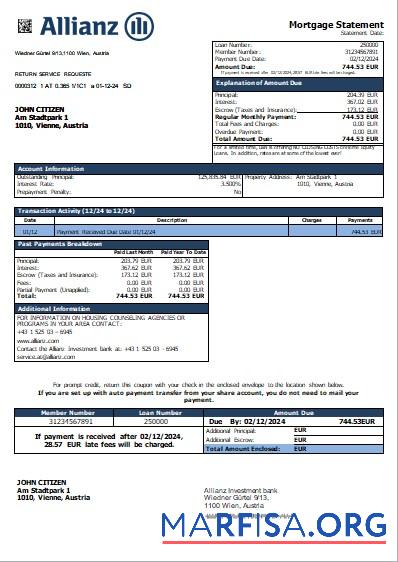 Printable Austria Allianz Investment bank mortgage statement scr sample